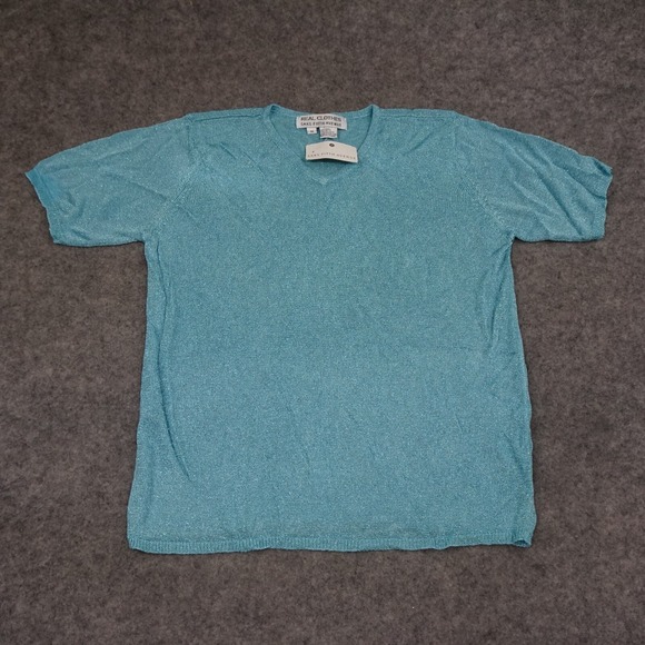 Real Clothes Saks Fifth Avenue Top Womens Medium M Blue Knit Pullover Shimmer - Picture 1 of 12
